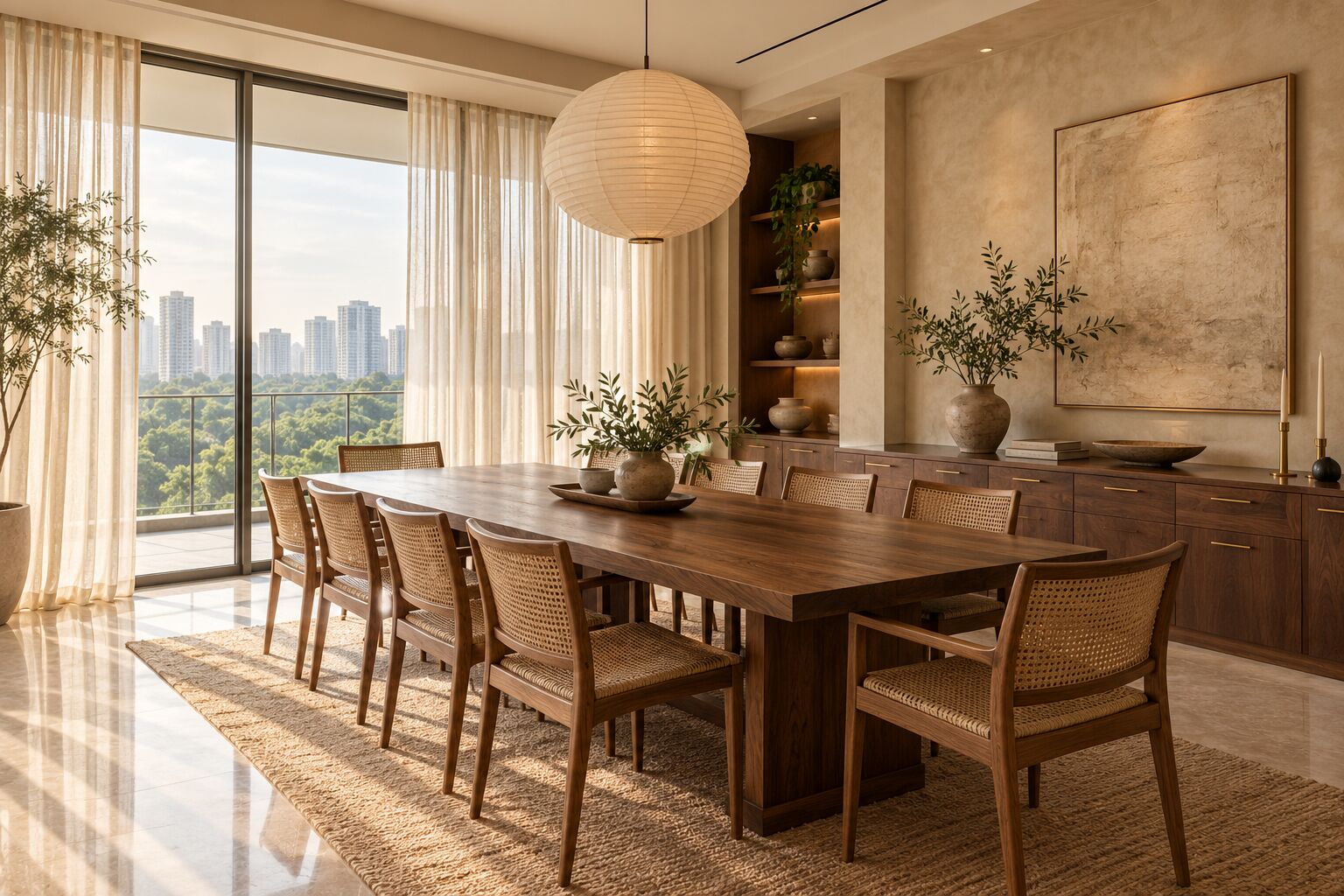 Long walnut dining table in a warm, light-filled dining room, concept visual