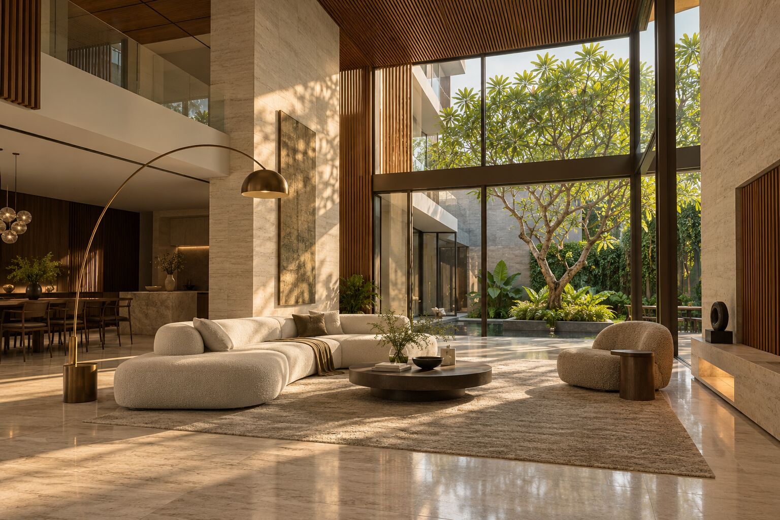 Double-volume living room opening onto a courtyard garden, concept visual