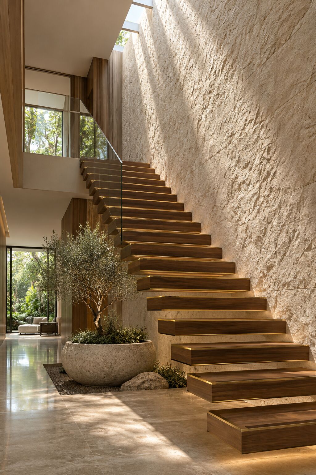 Floating walnut staircase against a textured limestone wall, concept visual