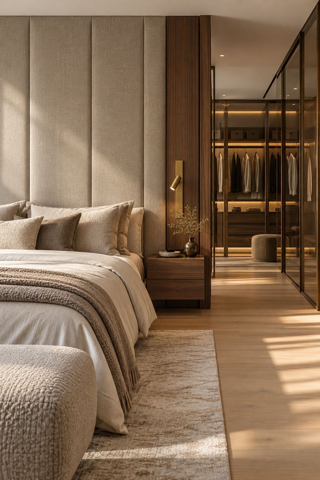 Serene master suite with an upholstered headboard wall, concept visual