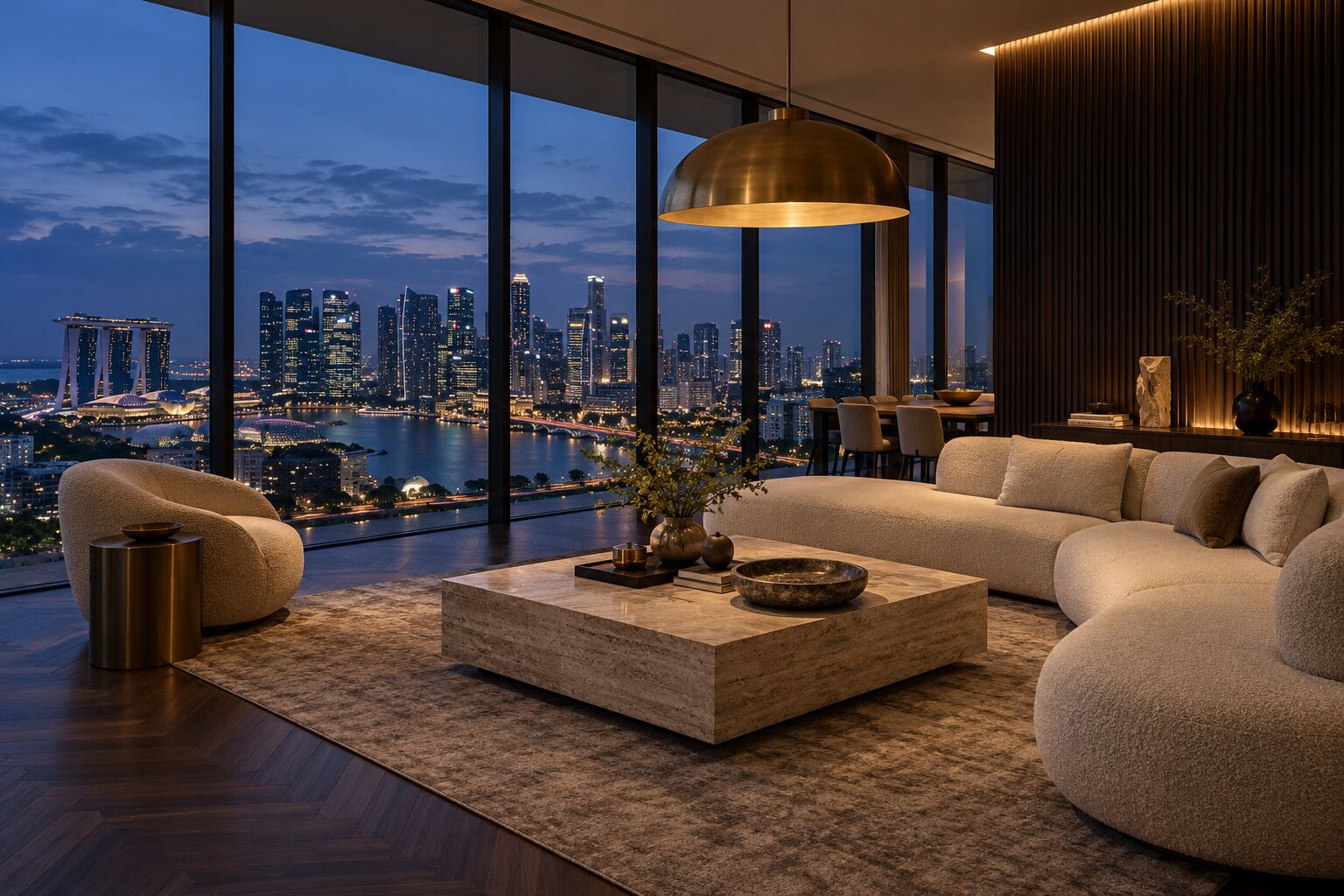 Penthouse living room at dusk with the city skyline beyond, concept visual