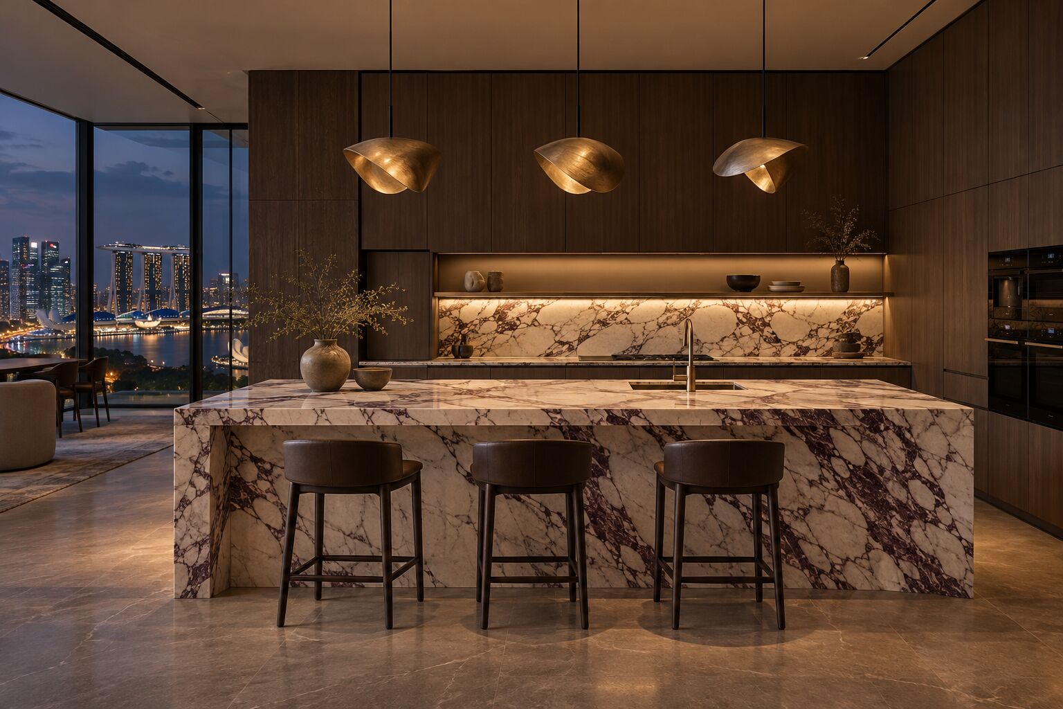 Penthouse kitchen with a marble waterfall island, smoked oak cabinetry and brass pendants, concept visual